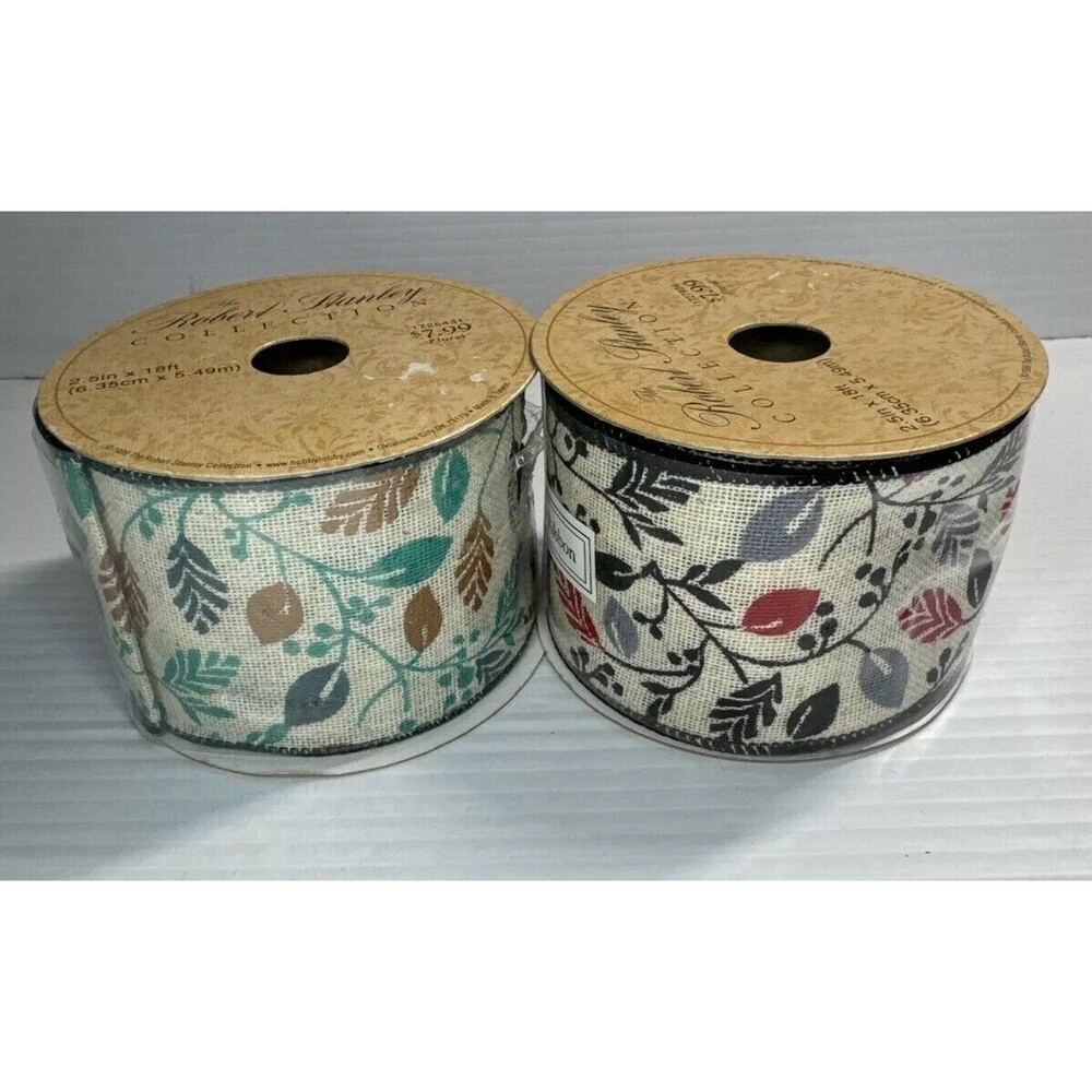 Lot Of 2 Robert Stanley Wired Edge Ribbon 2.5”x18ft Leaves Berries Fall Winter